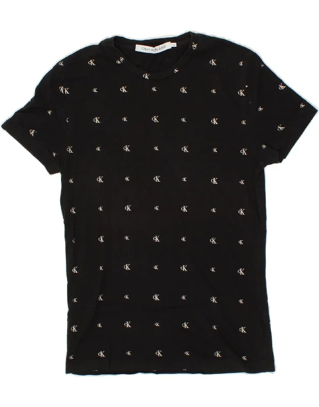 CALVIN KLEIN JEANS Mens Graphic T-Shirt Top XS Black Cotton Notch Collar Peter Pan Collar Cowl Neck