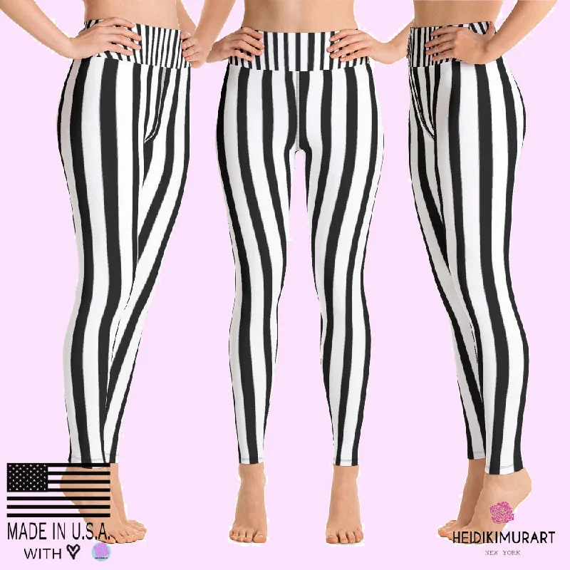 Black White Striped Yoga Leggings, Long Women's Yoga Pants Gym Tights- Made in USA/EU Casual Slim-Fit Leggings