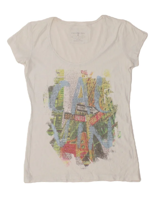 CALVIN KLEIN JEANS Womens Graphic T-Shirt Top UK 12 Medium White Collared Crew Neck Turtle Neck