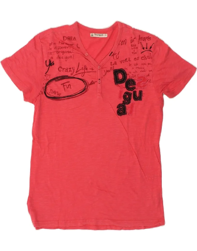 DESIGUAL Mens Graphic T-Shirt Top Large Red Cotton Zippered Buttoned Snapped