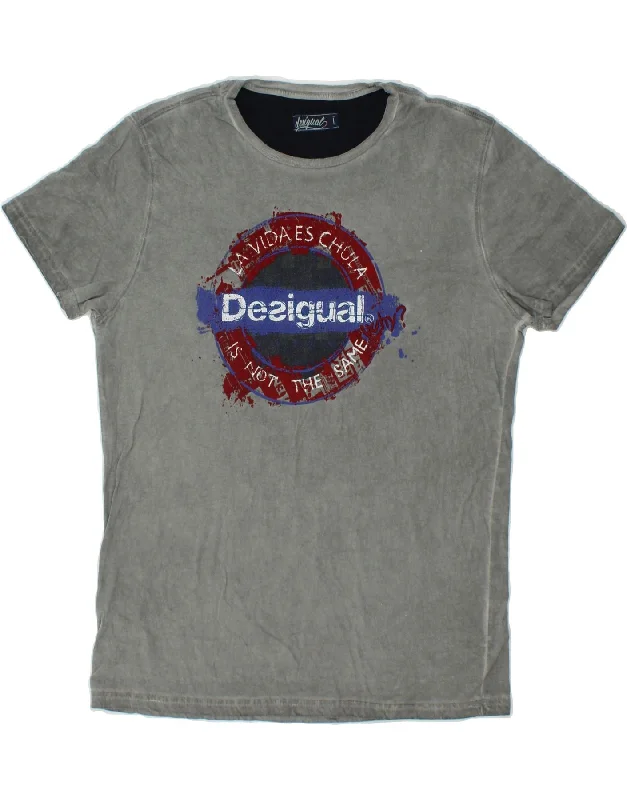 DESIGUAL Mens Graphic T-Shirt Top Large Grey Embroidered Appliqued Beaded