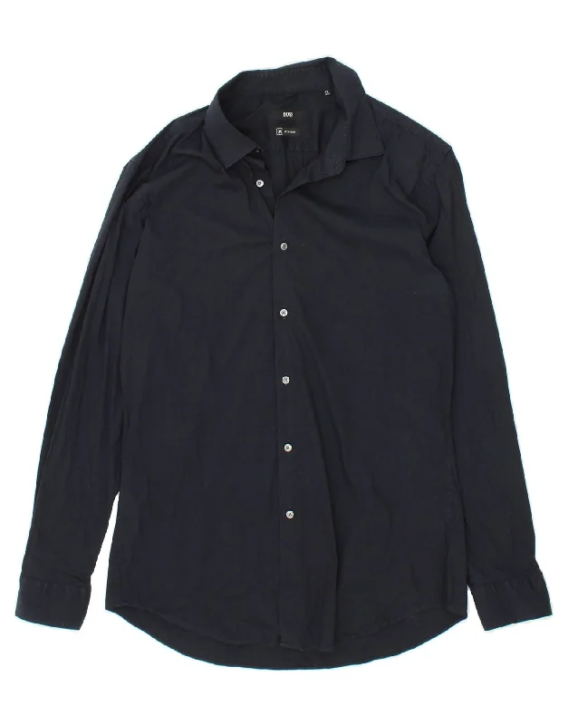 HUGO BOSS Mens Extra Slim Fit Shirt Size 42 16 1/2 Large Navy Blue Cotton Hooded Caped Shawl Collar