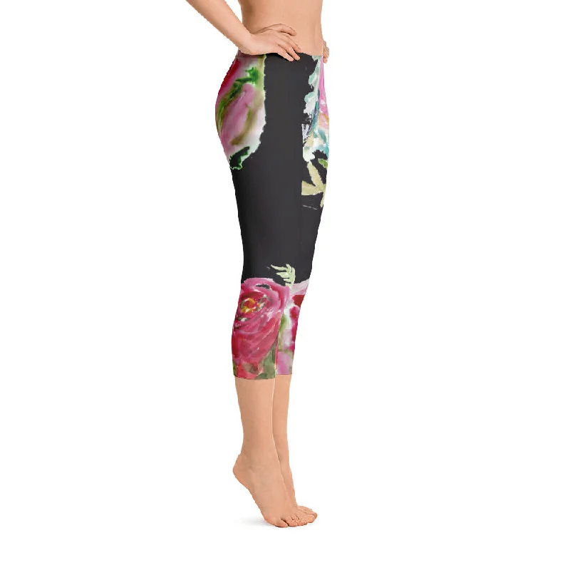 Rose Floral Black Capris Tights, Pink Stylish Women's Fashion Casual Capri Leggings-Made in USA Stylish Pockets Active Leggings