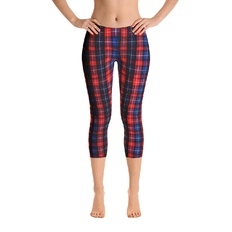 Red Plaid Print Capris Tights, Women's Polyester Spandex Capri Leggings - Made in USA Fashionable High-Rise Leggings