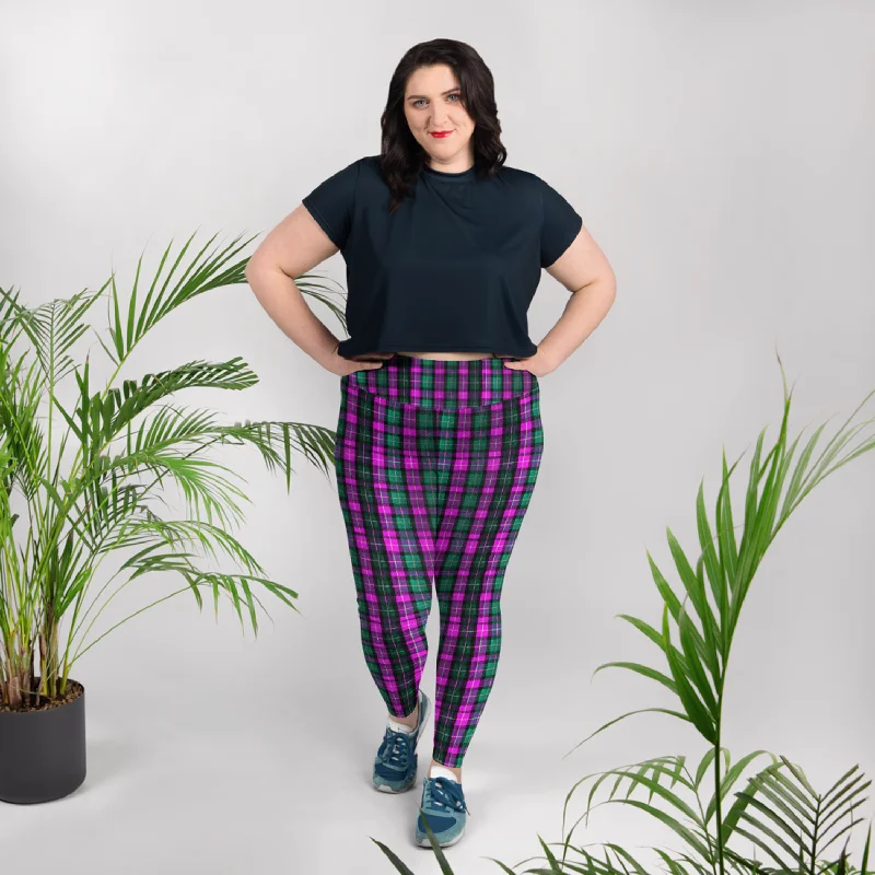 Pink Green Plaid Print Tights, Best Tartan Plaid Scottish Print Women's Plus Size Soft Leggings - Made in USA/EU Stylish Yoga Leggings