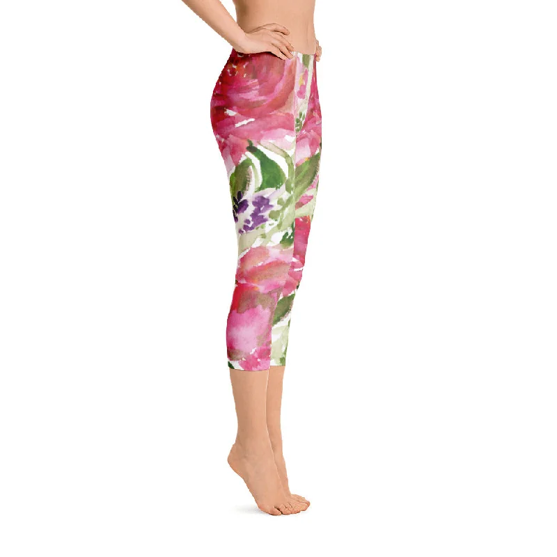 Pink Rose Flower Capris Tights, Girlie Floral Women's Athletic Capri Leggings Activewear - Made in USA Fashionable Floral Active Leggings