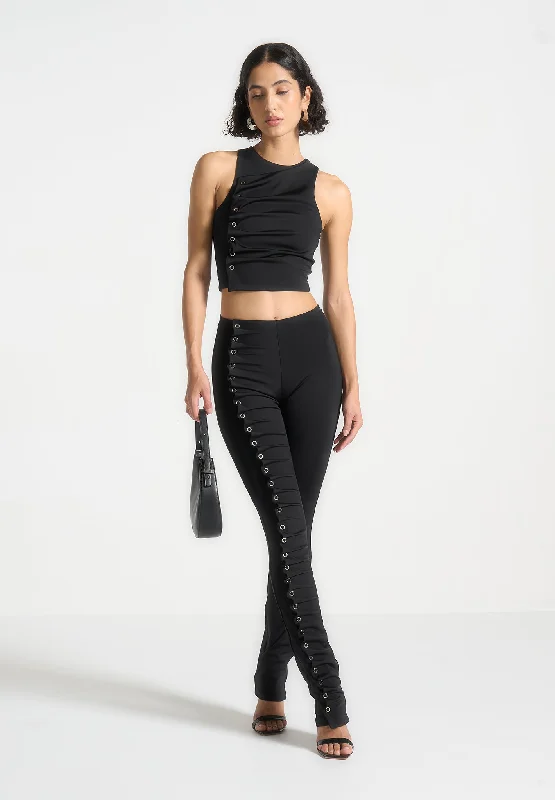 Eyelet Detail Tacked Leggings - Black Stylish Everyday Leggings