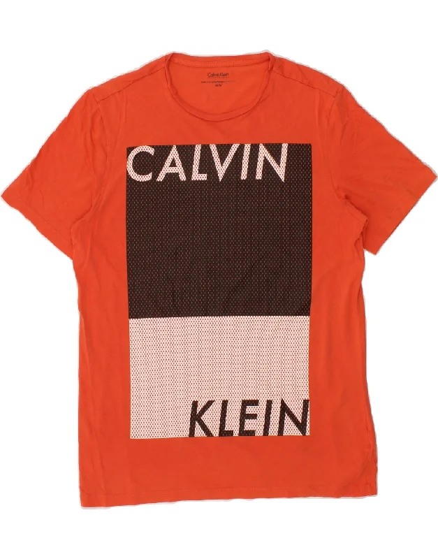 CALVIN KLEIN Mens Graphic T-Shirt Top Medium Orange Colourblock Cotton Wool Fabric Cashmere Fabric Tweed Fabric