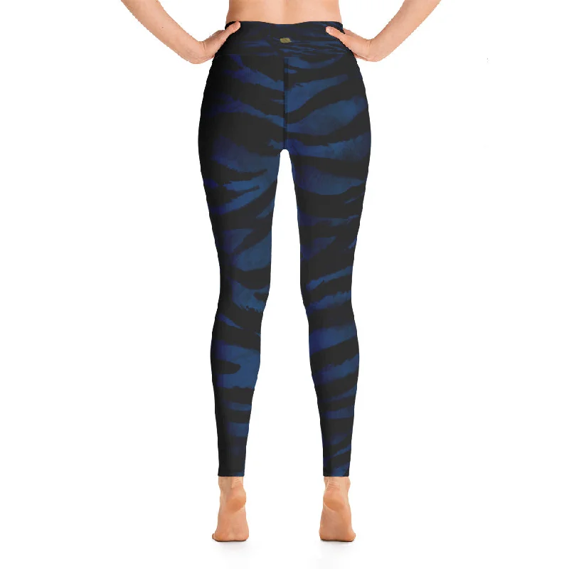 Blue Tiger Striped Women's Leggings, Animal Print Long Gym Yoga Pants- Made in USA/EU Trendy Seamless Fit Leggings