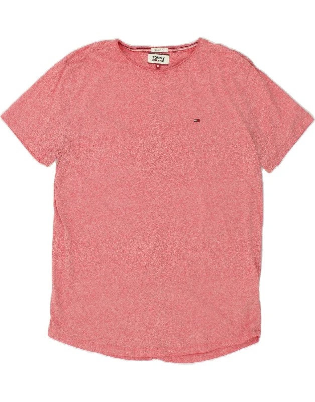 TOMMY HILFIGER Mens Regular Fit T-Shirt Top Medium Pink Flecked Cotton Notch Collar Peter Pan Collar Cowl Neck