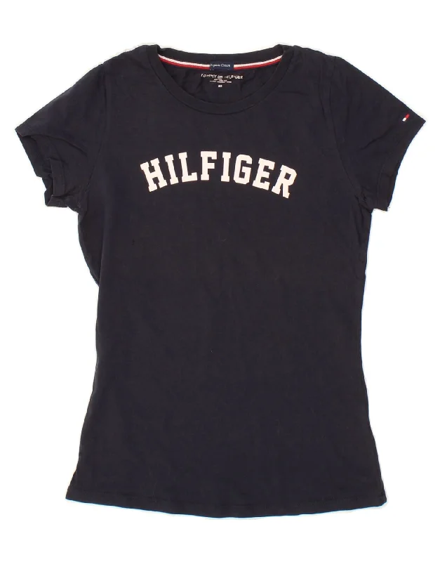 TOMMY HILFIGER Womens Graphic T-Shirt Top UK 6 XS Navy Blue Cotton Chenille Blend Fleece Blend Nylon Blend