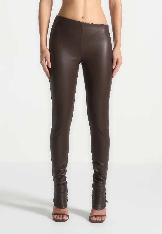Leather Angled Waistband Leggings - Brown Fashionable Solid Color Tights