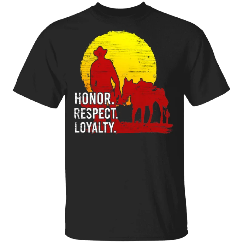 Honor Respect Loyalty Cool Horse Cowboy Red Sunset Gamer Lover T-Shirt V-Neck T-Shirt Long Sleeve Cotton