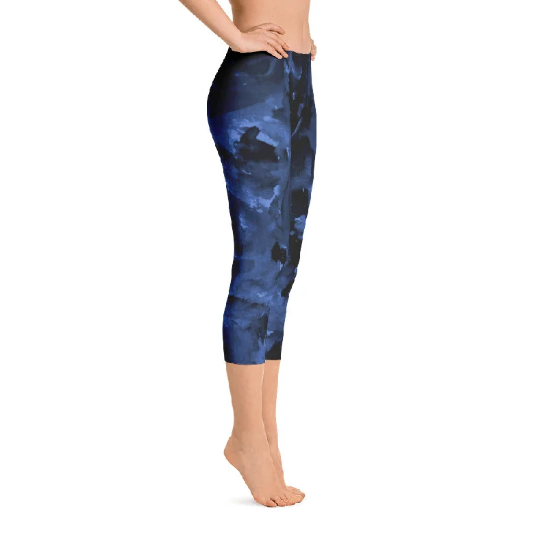 Calming Blue Rose Capris Tights, Floral Designer Capri Leggings Spandex Tight Pants - Made in USA/EU Fashionable Sports Leggings