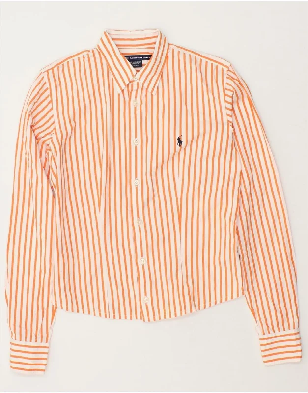 RALPH LAUREN Womens Crop Shirt US 4 Small Orange Striped Cotton Zippered Buttoned Snapped