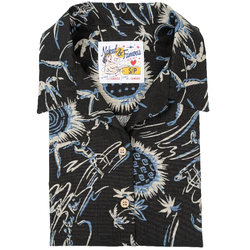 Camp Collar Shirt - Waikiki Waves - Black Striped Floral Plaid