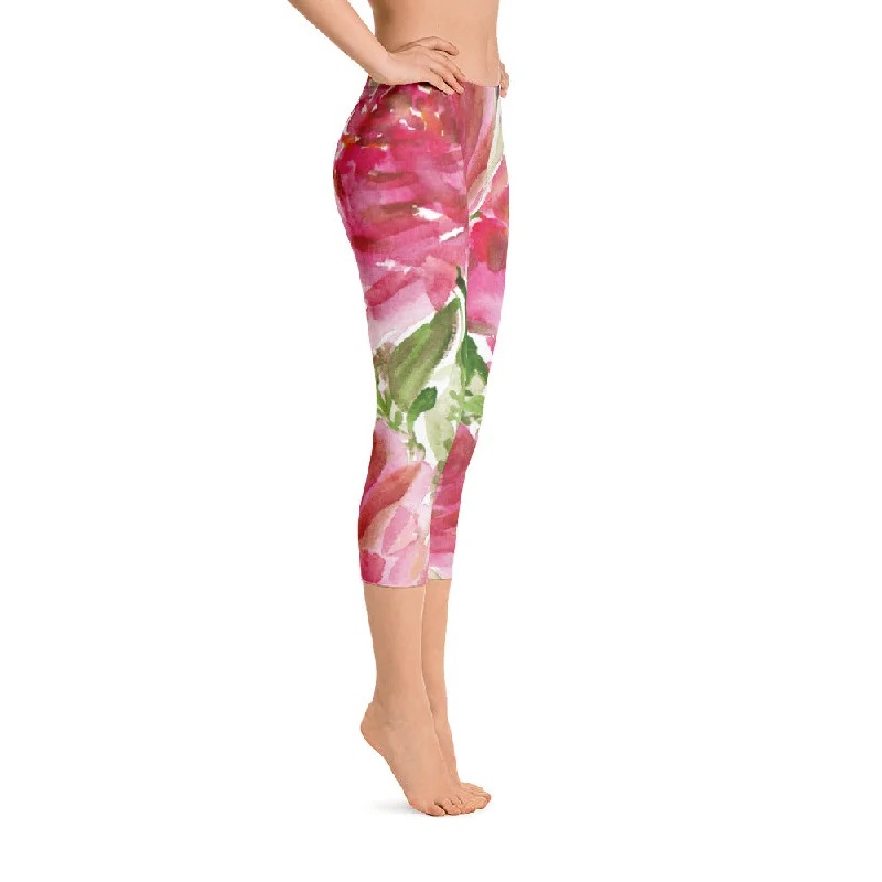 Rosewood Pink Rose Capris Tights, Designer Floral Capri Leggings Casual Comfy Outfits - Made in USA Trendy Foil Finish Leggings