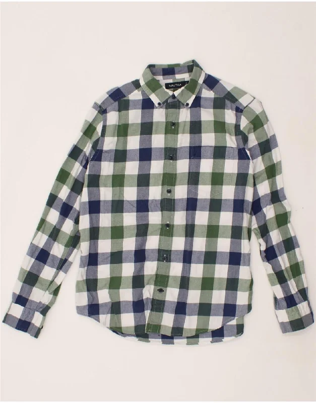 NAUTICA Mens Flannel Shirt Small Green Check Cotton Chenille Fabric Brocade Fabric Lace Fabric