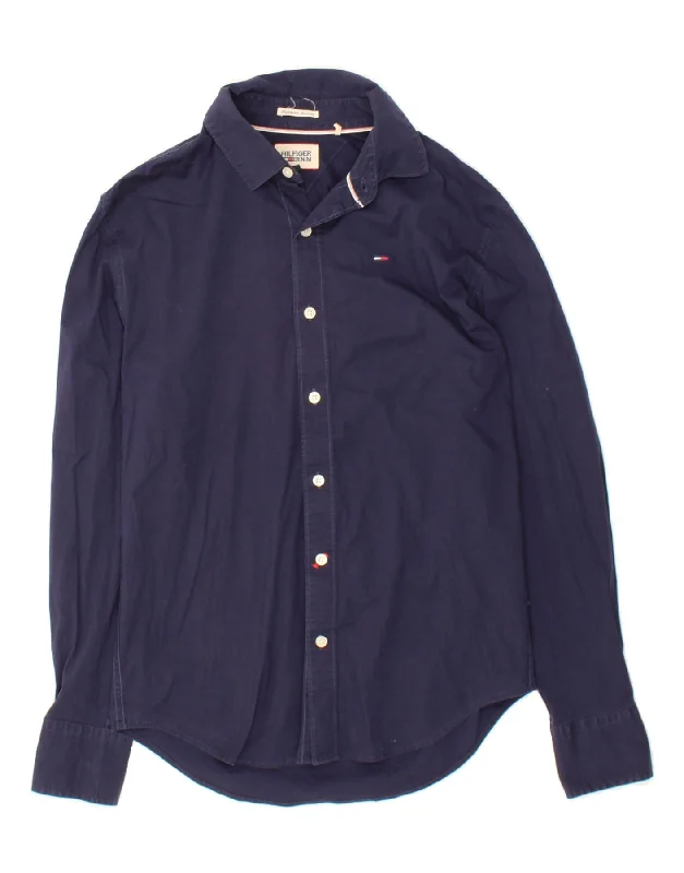 TOMMY HILFIGER Mens Shirt Small Navy Blue Cotton Fleece Nylon Spandex