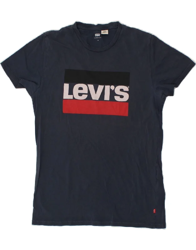 LEVI'S Mens Graphic T-Shirt Top Medium Navy Blue Cotton Zippered Front Buttoned Front Snap Front