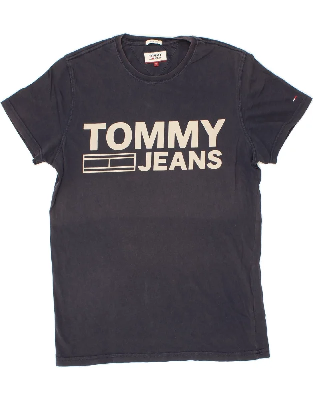 TOMMY HILFIGER Mens Slim Fit Graphic T-Shirt Top Medium Navy Blue Cotton Collared T-Shirt Boat Neck A-Line