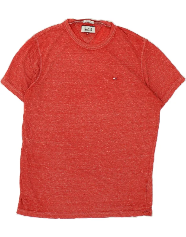 TOMMY HILFIGER Mens T-Shirt Top Large Red Flecked Cotton Collared Crew Neck Turtle Neck