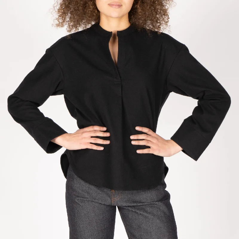 Band Collar Shirt - Cotton Yarn Dyed Flannel - Black Boxy Fit Fitted Loose