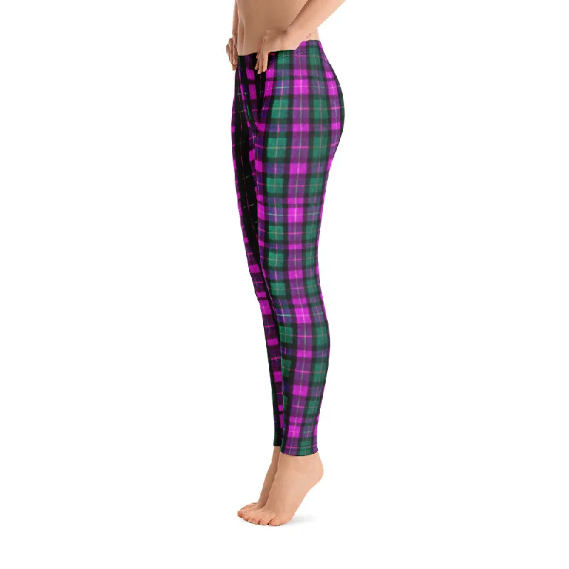 Pink Plaid Print Leggings, Polyester Spandex Elastic Women's Casual Leggings-Made in USA/EU Comfortable Capri-Length Leggings