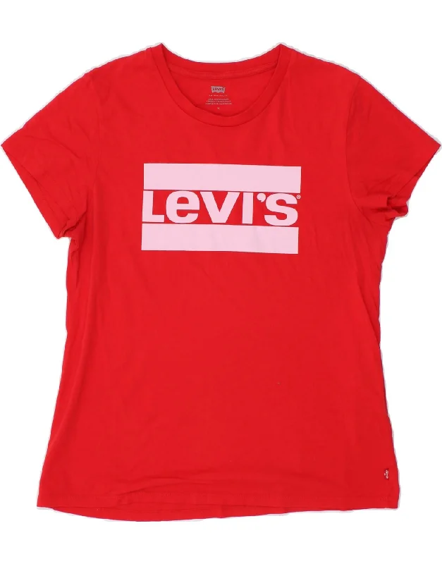 LEVI'S Womens Graphic T-Shirt Top UK 14 Medium Red Cotton Wool Fabric Cashmere Fabric Tweed Fabric
