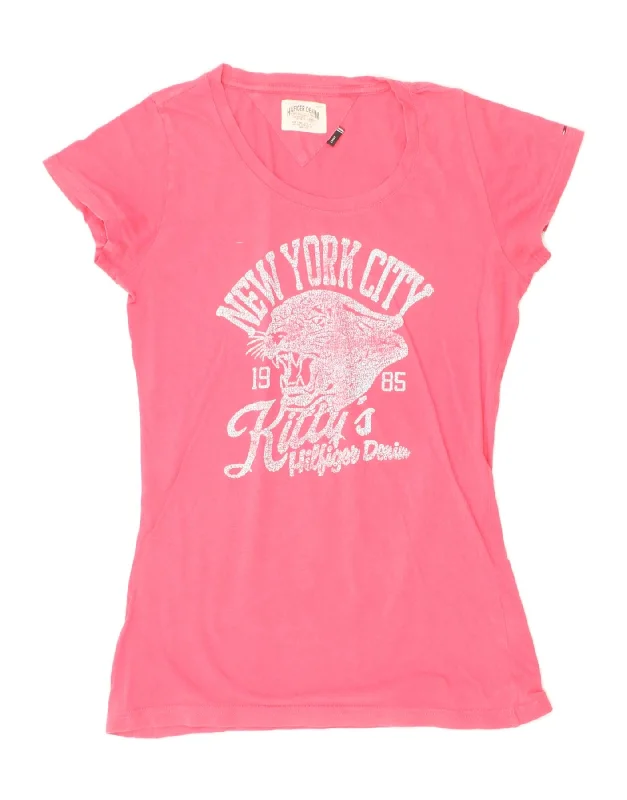 TOMMY HILFIGER Womens Graphic T-Shirt Top UK 14 Large Pink Cotton Cashmere Blend Cotton Blend Poly Blend