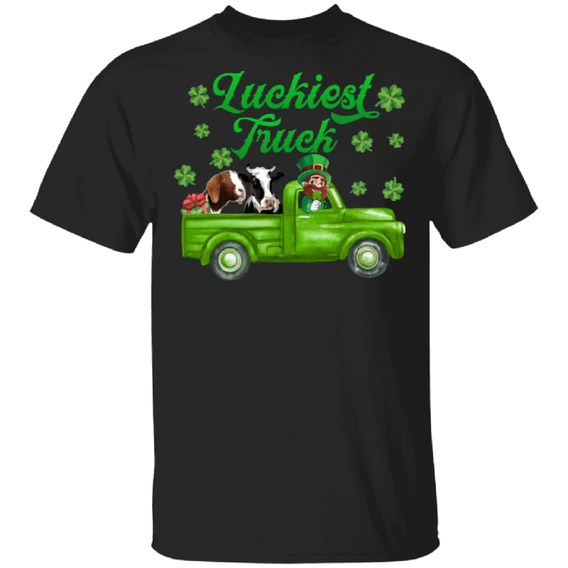 Luckiest Truck Leprechaun Riding Farmer Rancher Cow Lover Shamrock St Patrick's Day Mom Dad Grandma Grandpa St Patty's Day Gifts T-Shirt Zippered Front Buttoned Front Snap Front