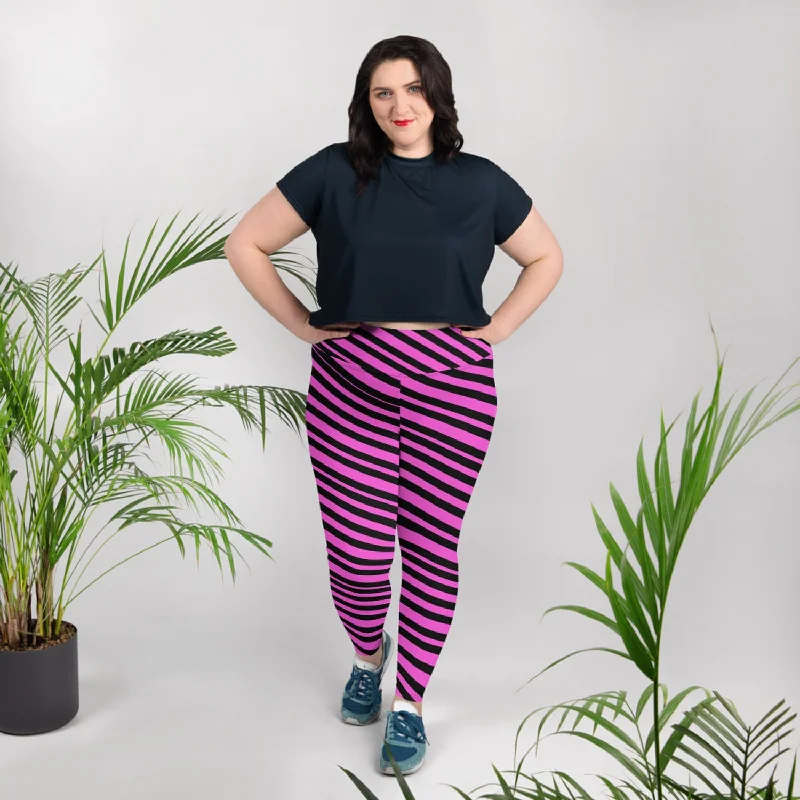 Pink Black Plus Size Tights, Hot Pink Best Diagonal Stripe Print Women's Plus Size Leggings - Made in USA (US Size: 2XL-6XL) Cozy Bootcut Leggings