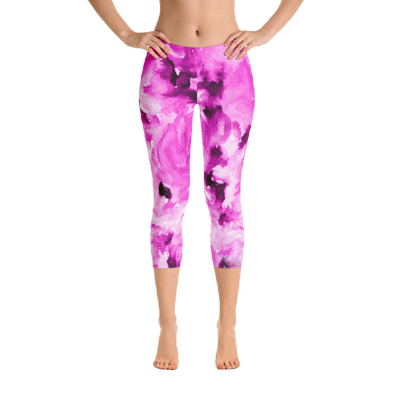 Pink Rose Floral Capris Tights, Designer Capri Leggings Casual Fashion Outfits-Made in USA/EU (US Size: XS-XL) Elegant Stretchy Faux Leather Leggings