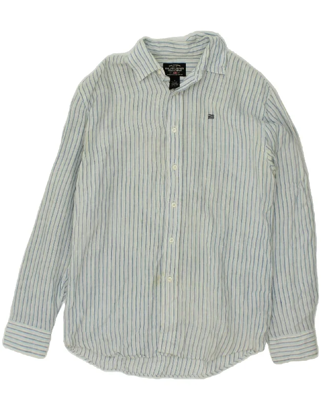 RALPH LAUREN Mens Shirt Small Blue Striped Linen Welt Pockets Slit Pockets