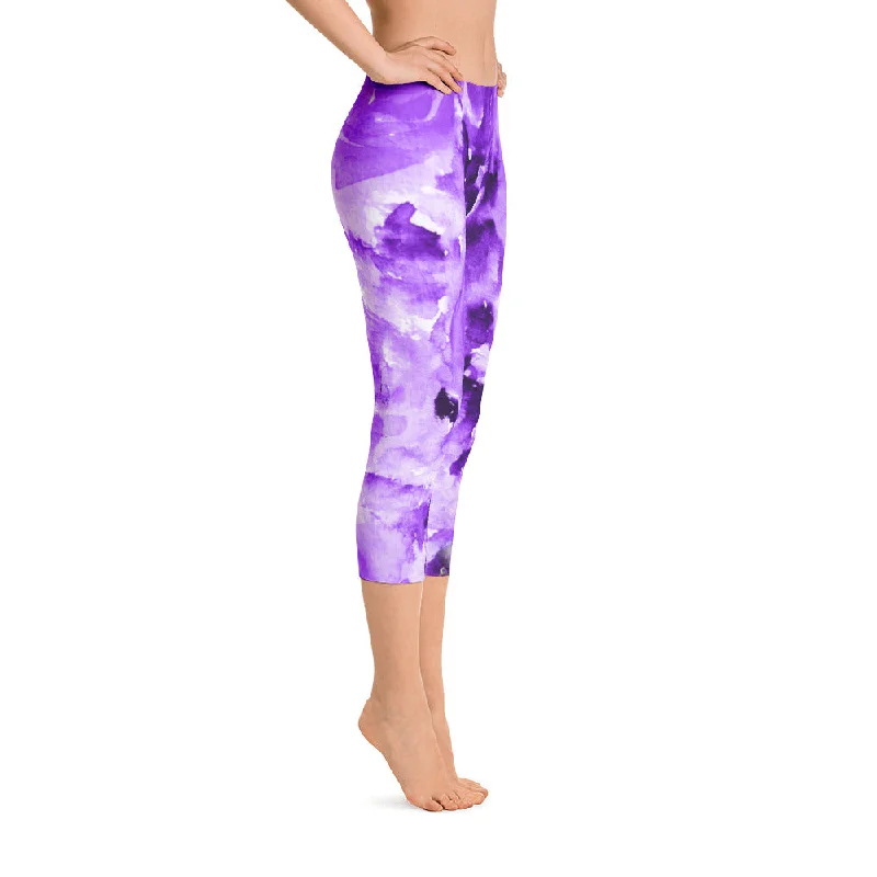 Purple Rose Floral Capris Tights, Designer Capri Leggings Activewear Outfit Yoga Pants - Made in USA Comfortable Slip-On Leggings