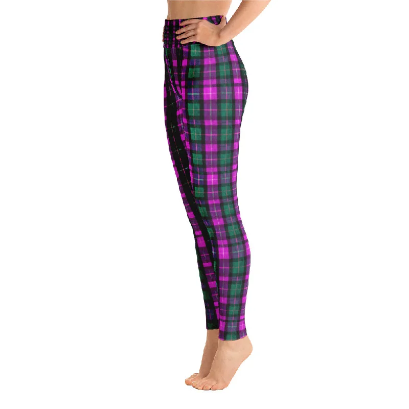Pink Plaid Women's Leggings, Tartan Print Fitted Sports Long Yoga Pants-Made in USA/EU Cozy Sweat-Wicking Leggings