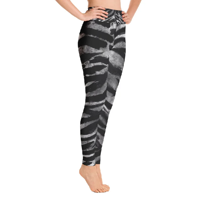 Gray Tiger Women's Yoga Leggings, Striped Long Animal Print Yoga Pants-Made in USA/EU Comfortable Running Leggings