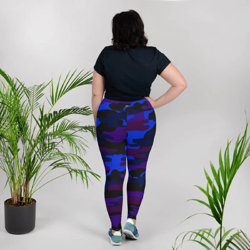 Purple Blue Camo Long Tights, Best Camouflage Camo Military Print Women's Plus Size Leggings Trendy Patterned Leggings