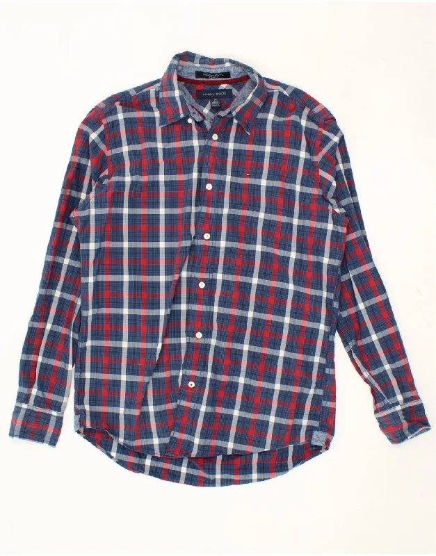TOMMY HILFIGER Mens Shirt Small Navy Blue Check Cotton Faux Fur Fabric Real Fur Fabric Shearling Fabric