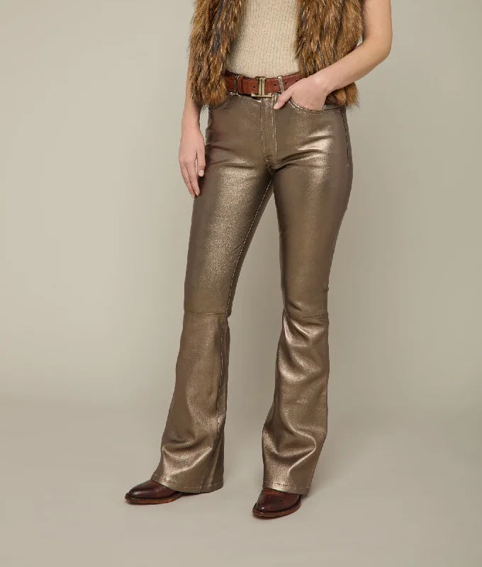 Micro Flare Leather Leggings :: Gunmetal Fashionable Stretchy Fit Leggings