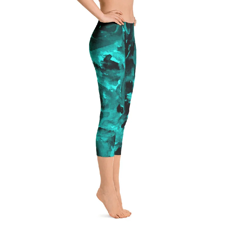 Mermaid Blue Rose Ladies' Tights, Floral Designer Capri Leggings Spandex Casual Leggings Trendy Color Block Leggings