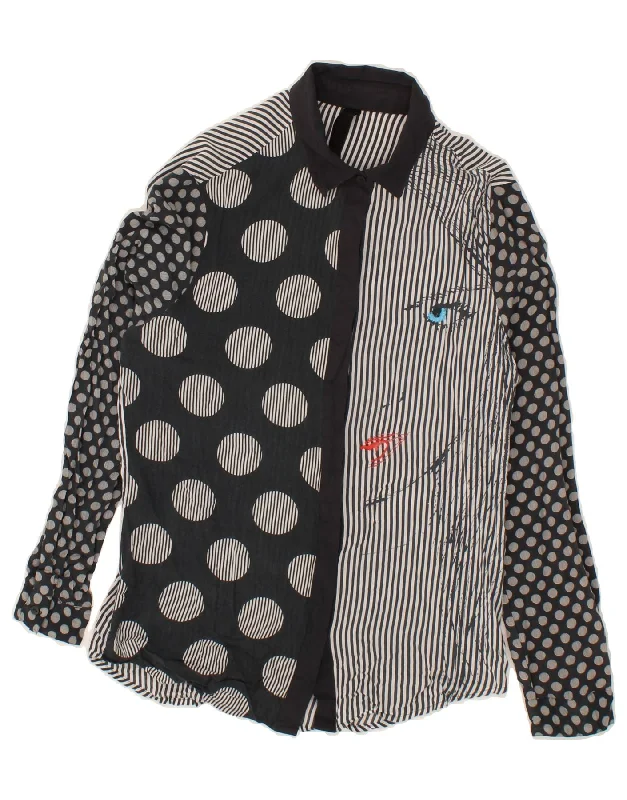 DESIGUAL Womens Graphic Shirt UK 12 Medium Grey Striped V-Neck T-Shirt Long Sleeve Cotton