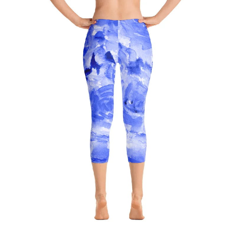 Ocean Blue Rose Capris Tights, Floral Print Capri Leggings Activewear - Made in USA (US Size: XS-XL) Fashionable Quick-Dry Leggings