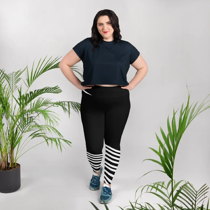 Black Striped Plus Size leggings, Diagonal Stripe Women's Long Tights-Made in USA/EU Classic Solid Color Leggings