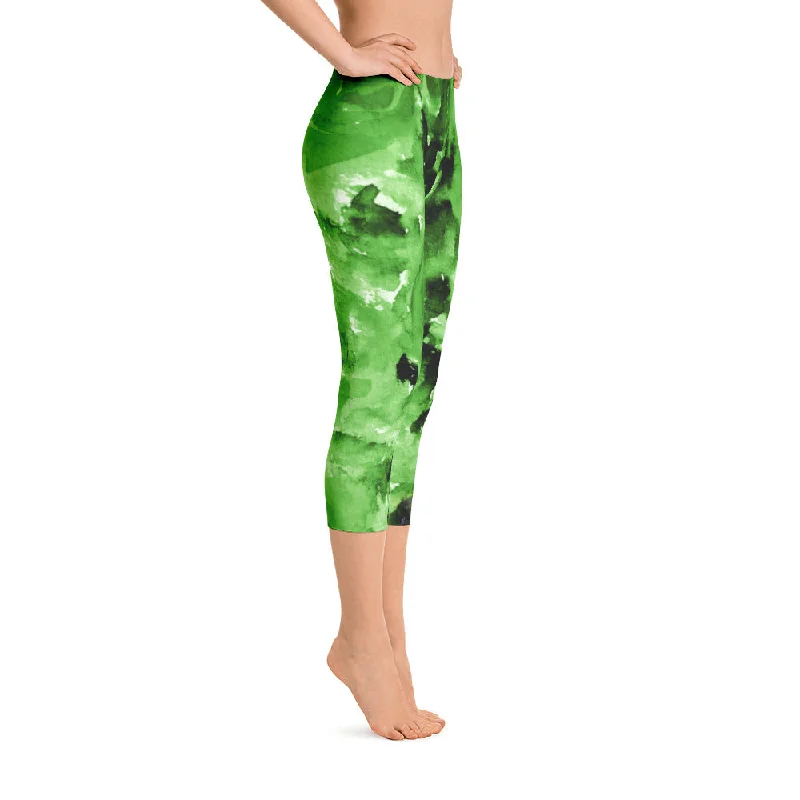 Green Rose Floral Capris Leggings, Designer Capri Leggings Spandex Tights- Made in USA (US Size: XS-XL) Trendy Side-Pocket Leggings