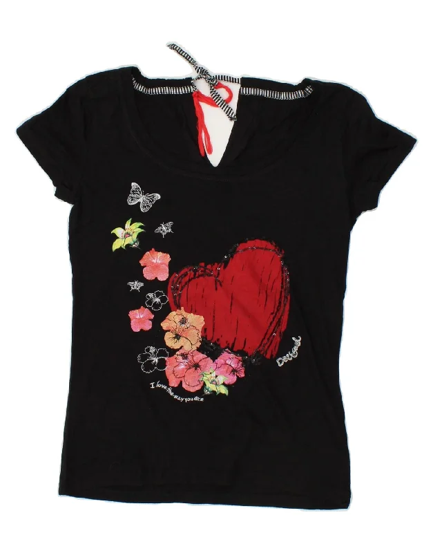 DESIGUAL Womens Graphic T-Shirt Top UK 10 Small Black Floral Cotton Cotton Fabric Linen Fabric Terry Fabric