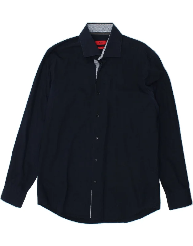 HUGO BOSS Mens Regular Fit Shirt Size 42 16 1/2 Large Navy Blue Cotton Fleece Nylon Spandex