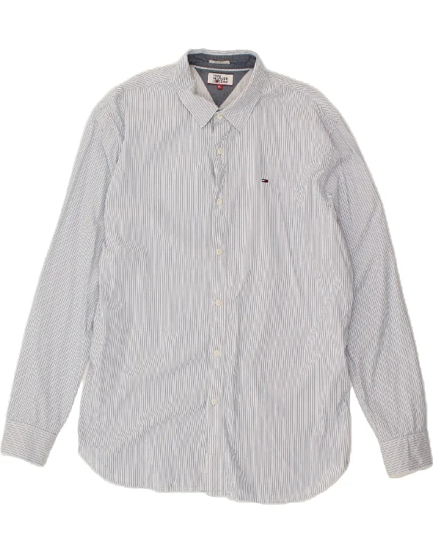 TOMMY HILFIGER Mens Slim Fit Shirt XL Blue Striped Cotton Solid Print Embellished