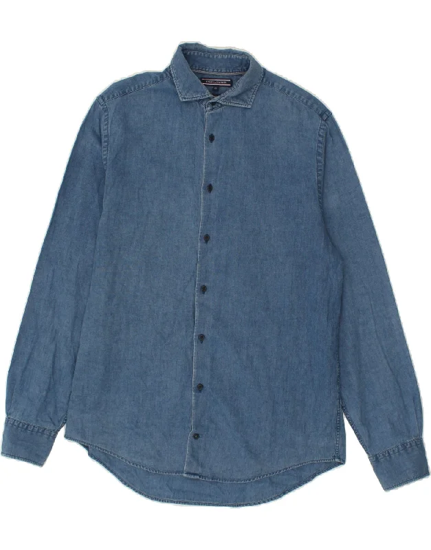 TOMMY HILFIGER Mens New York Fit Denim Shirt Medium Blue Cotton Embroidered Appliqued Beaded