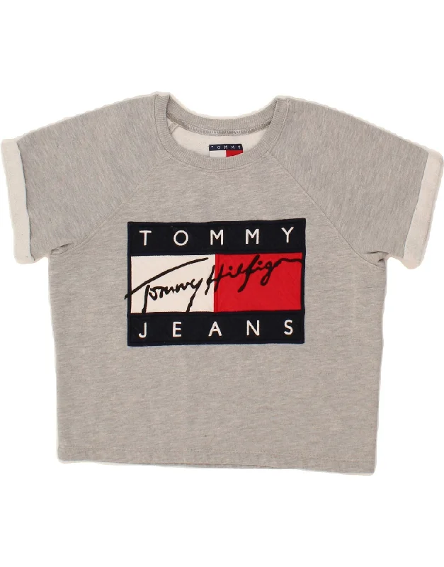 TOMMY HILFIGER Womens Crop Graphic T-Shirt Top UK 6 XS Grey Mesh Blend Leather Blend Suede Blend